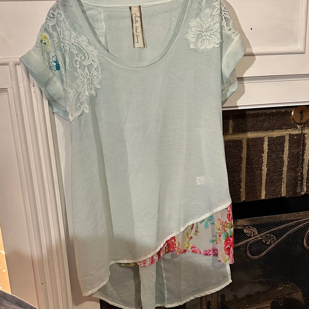 Light Blue Floral Trim Lace Shoulder Women's Top